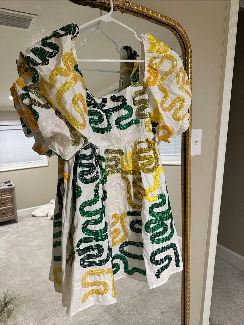 White Mini Dress with Green and Yellow Sequins - Picture 1 of 1